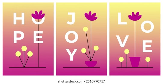 Vorlagen von Postkarten mit Text "JOY", "HOPE", "LOVE". Flache Illustrationen mit Blumen, Pflanzen, Blättern. Set von Blumenmustern und botanischen Mustern. Flache Vektorgrafik.