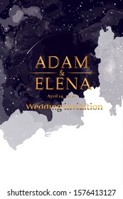 templates. Poster, invitations, Seating cards. Wedding, decor elements for celebration. Romantic theme of starry sky and universe, inscriptions on background of stars constellations and clouds