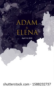templates. Poster, invitations, Seating cards. Wedding, decor elements for celebration. Romantic theme of starry sky and universe, inscriptions on background of stars constellations and clouds