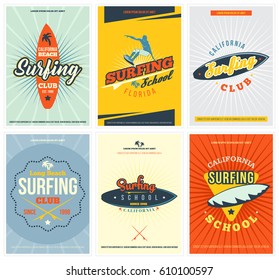 Templates of posters for Surfing school or club in vintage style. Surfing advertising flyers. Vector illustration. T-shirt graphics