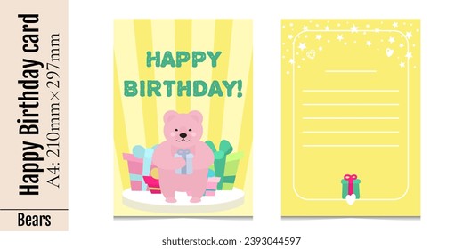 Templates for printing two sides of  happy birthday card. Vertical A4 kids yellow postcard with pink cartoon bear, stars, gifts. Children's holiday. Isolated on white background.