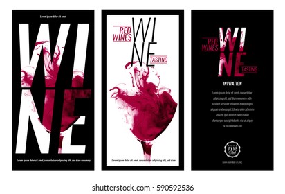 Templates for promotions or presentations of wine events. Illustration with liquid effect. Stains of red wine. Vector design