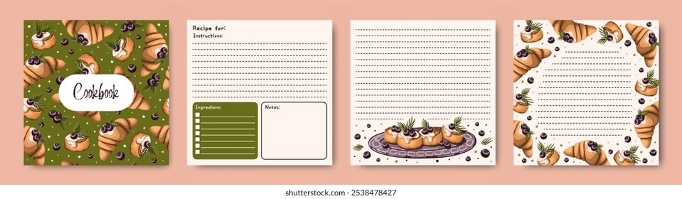 Templates for a recipe book. The blank pages for your dessert recipes. Cookbook. Vector.