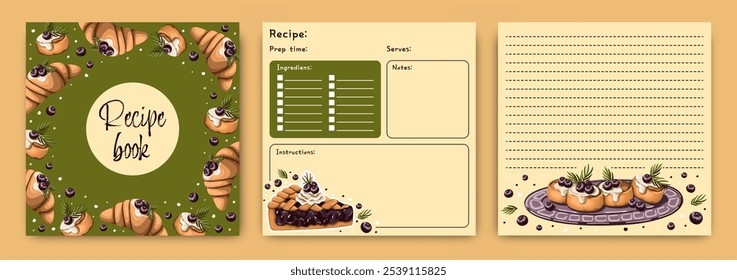 Templates for a recipe book. The blank pages for your dessert recipes. Cookbook. Vector.