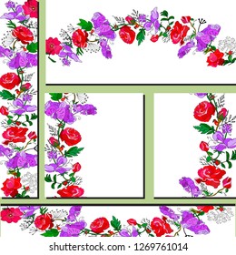 Templates with red roses and violet sweet pea flowers.Template for your design, greeting cards, festive announcements, posters. - Vector
