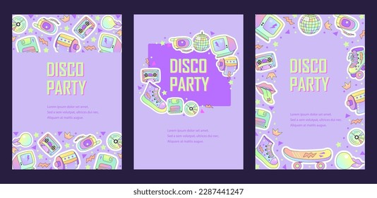 Templates with retro objects for invitation, poster, advertising. 90s vibes. Space for text. Vector illustration set.