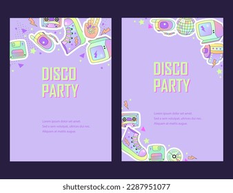 Templates with retro objects for invitation, poster, advertising. 90s vibes. Space for text. Vector illustration set.