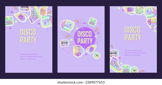 Templates with retro objects for invitation, poster, advertising. 90s vibes. Space for text. Vector illustration set.