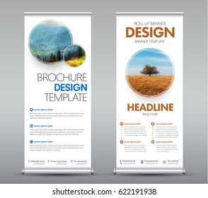 Templates roll up banners with round design elements with shadow for your photo or image. A set of vertical brochures with space for photo, text and information. Vector illustration