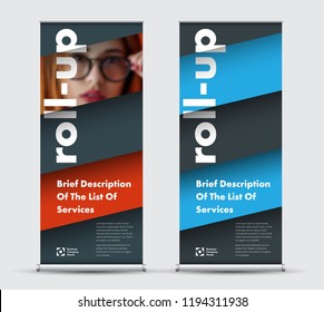 Templates roll-up banners with diagonal elements for photo and text hover over each other. Universal modern design for business and advertising, with red, blue black lines.