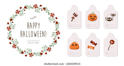 Templates Round frame of twigs and berries, wreath and tags, labels for signing and attaching to your gifts. Halloween symbols in cartoon style. Bats, smiley pumpkins, spiders, lollipops and sweets.
