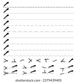 Templates scissors cut along dotted and dashed lines different shapes and directions for product packaging, advertising design. Cut out coupon different shape with scissors. Flat vector illustration