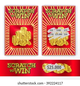 Templates scratch tickets to win. With gold coins illustration. Vector