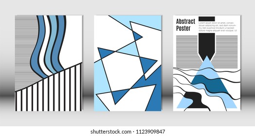 Templates Set with Bauhaus and Geometric Elements in Blue, White and Black Colors. Placards Set with Wavy Stripes, Triangles and Abstract Vector Shapes. Covers for Brochures, Poster, Magazine, Layout.