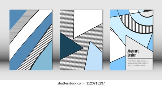 Templates Set with Bauhaus and Geometric Elements in Blue, White and Black Colors. Placards Set with Wavy Stripes, Triangles and Abstract Vector Shapes. Covers for Brochures, Poster, Magazine, Layout.