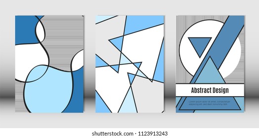 Templates Set with Bauhaus and Geometric Elements in Blue, White and Black Colors. Placards Set with Wavy Stripes, Triangles and Abstract Vector Shapes. Covers for Brochures, Poster, Magazine, Layout.