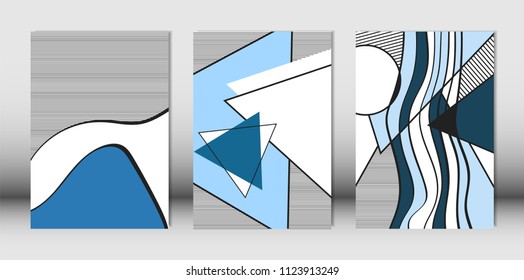 Templates Set with Bauhaus and Geometric Elements in Blue, White and Black Colors. Placards Set with Wavy Stripes, Triangles and Abstract Vector Shapes. Covers for Brochures, Poster, Magazine, Layout.