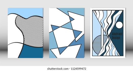 Templates Set with Bauhaus and Geometric Elements in Blue, White and Black Colors. Placards Set with Wavy Stripes, Triangles and Abstract Vector Shapes. Covers for Brochures, Poster, Magazine, Layout.