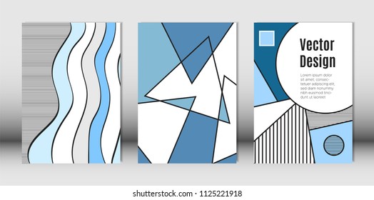 Templates Set with Bauhaus and Geometric Elements in Blue, White and Black Colors. Placards Set with Wavy Stripes, Triangles and Abstract Vector Shapes. Covers for Brochures, Poster, Magazine, Layout.