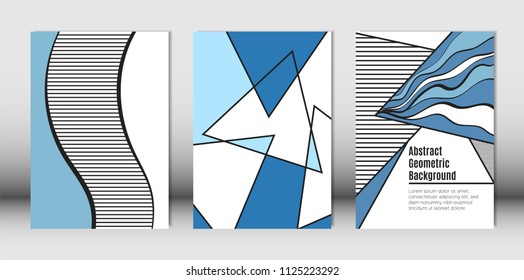 Templates Set with Bauhaus and Geometric Elements in Blue, White and Black Colors. Placards Set with Wavy Stripes, Triangles and Abstract Vector Shapes. Covers for Brochures, Poster, Magazine, Layout.