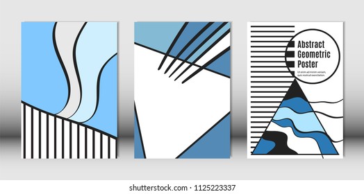Templates Set with Bauhaus and Geometric Elements in Blue, White and Black Colors. Placards Set with Wavy Stripes, Triangles and Abstract Vector Shapes. Covers for Brochures, Poster, Magazine, Layout.