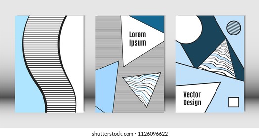 Templates Set with Bauhaus and Geometric Elements in Blue, White and Black Colors. Placards Set with Wavy Stripes, Triangles and Abstract Vector Shapes. Covers for Brochures, Poster, Magazine, Layout.