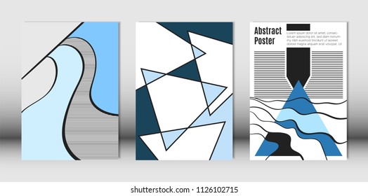 Templates Set with Bauhaus and Geometric Elements in Blue, White and Black Colors. Placards Set with Wavy Stripes, Triangles and Abstract Vector Shapes. Covers for Brochures, Poster, Magazine, Layout.