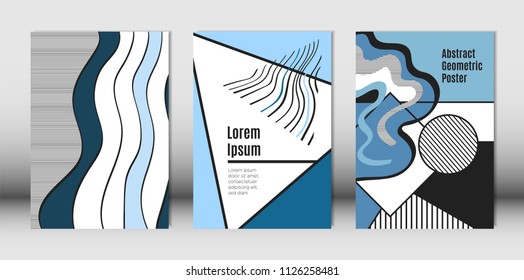 Templates Set with Bauhaus and Geometric Elements in Blue, White and Black Colors. Placards Set with Wavy Stripes, Triangles and Abstract Vector Shapes. Covers for Brochures, Poster, Magazine, Layout.