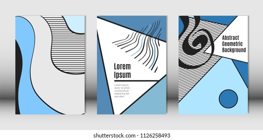 Templates Set with Bauhaus and Geometric Elements in Blue, White and Black Colors. Placards Set with Wavy Stripes, Triangles and Abstract Vector Shapes. Covers for Brochures, Poster, Magazine, Layout.