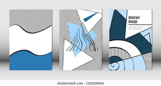 Templates Set with Bauhaus and Geometric Elements in Blue, White and Black Colors. Placards Set with Wavy Stripes, Triangles and Abstract Vector Shapes. Covers for Brochures, Poster, Magazine, Layout.