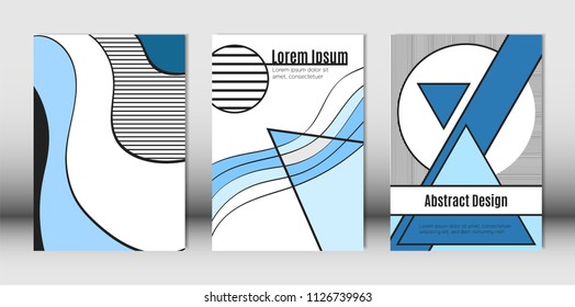 Templates Set with Bauhaus and Geometric Elements in Blue, White and Black Colors. Placards Set with Wavy Stripes, Triangles and Abstract Vector Shapes. Covers for Brochures, Poster, Magazine, Layout.