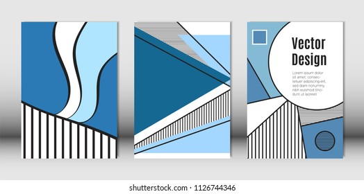 Templates Set with Bauhaus and Geometric Elements in Blue, White and Black Colors. Placards Set with Wavy Stripes, Triangles and Abstract Vector Shapes. Covers for Brochures, Poster, Magazine, Layout.