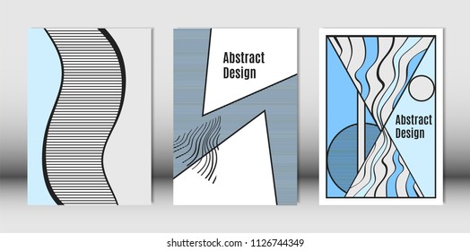 Templates Set with Bauhaus and Geometric Elements in Blue, White and Black Colors. Placards Set with Wavy Stripes, Triangles and Abstract Vector Shapes. Covers for Brochures, Poster, Magazine, Layout.