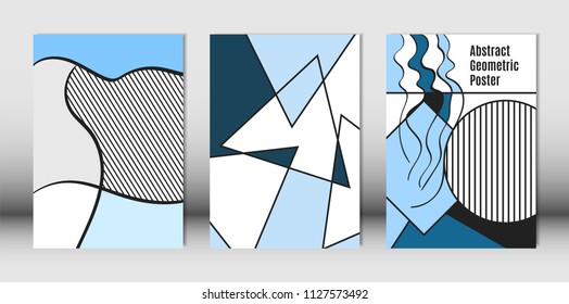 Templates Set with Bauhaus and Geometric Elements in Blue, White and Black Colors. Placards Set with Wavy Stripes, Triangles and Abstract Vector Shapes. Covers for Brochures, Poster, Magazine, Layout.