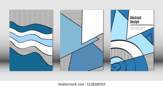 Templates Set with Bauhaus and Geometric Elements in Blue, White and Black Colors. Placards Set with Wavy Stripes, Triangles and Abstract Vector Shapes. Covers for Brochures, Poster, Magazine, Layout.