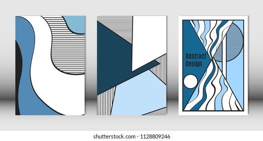Templates Set with Bauhaus and Geometric Elements in Blue, White and Black Colors. Placards Set with Wavy Stripes, Triangles and Abstract Vector Shapes. Covers for Brochures, Poster, Magazine, Layout.