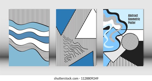 Templates Set with Bauhaus and Geometric Elements in Blue, White and Black Colors. Placards Set with Wavy Stripes, Triangles and Abstract Vector Shapes. Covers for Brochures, Poster, Magazine, Layout.