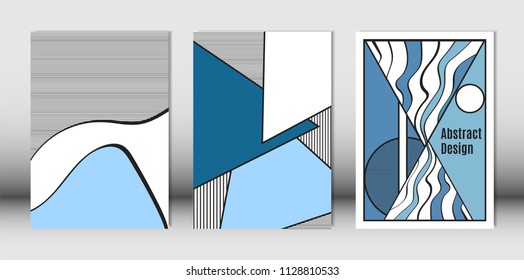 Templates Set with Bauhaus and Geometric Elements in Blue, White and Black Colors. Placards Set with Wavy Stripes, Triangles and Abstract Vector Shapes. Covers for Brochures, Poster, Magazine, Layout.