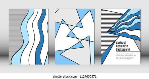 Templates Set with Bauhaus and Geometric Elements in Blue, White and Black Colors. Placards Set with Wavy Stripes, Triangles and Abstract Vector Shapes. Covers for Brochures, Poster, Magazine, Layout.