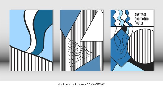 Templates Set with Bauhaus and Geometric Elements in Blue, White and Black Colors. Placards Set with Wavy Stripes, Triangles and Abstract Vector Shapes. Covers for Brochures, Poster, Magazine, Layout.
