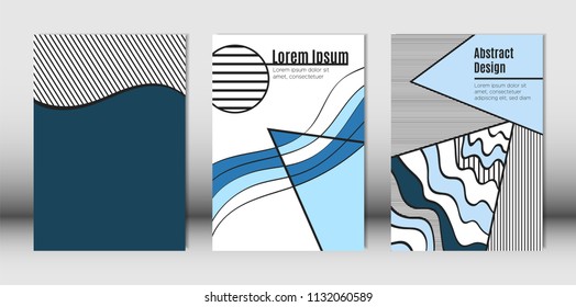 Templates Set with Bauhaus and Geometric Elements in Blue, White and Black Colors. Placards Set with Wavy Stripes, Triangles and Abstract Vector Shapes. Covers for Brochures, Poster, Magazine, Layout.