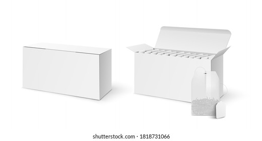 Templates set of blank white paper tea box with and without tea bag, realistic vector illustration isolated on white background. Tea drink product advertising mockup.