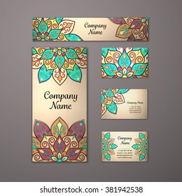 Templates set. Business cards, invitations and banners. Floral mandala pattern and ornaments. Oriental design Layout. Asian, Arabic, Indian, ottoman motifs.