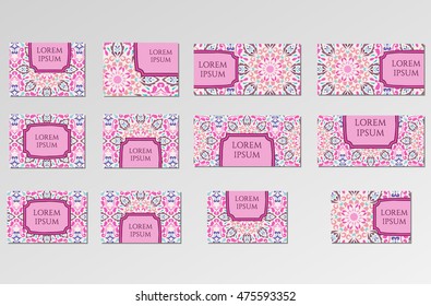 Templates set. Business cards, invitations and banners. Floral mandala pattern and ornaments. a