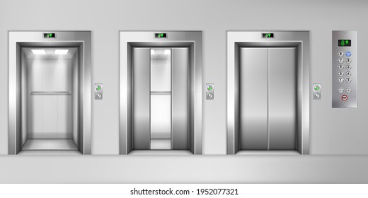 Templates set of elevator with closed, half-open and open doors, realistic vector illustration. Fragment of building wall with elevator doorways and shiny steel doors. Eps 10 vector illustration.