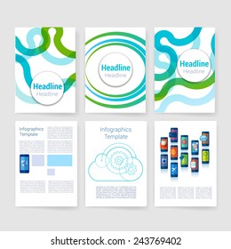 Templates. Set of Flyer, Brochure Design Templates. Mobile Technologies, Applications and Infographic Concept. Modern flat design icons for mobile or smartphone on a light background.