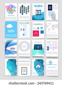 Templates. Set of Flyer, Brochure Design Templates. Mobile Technologies, Applications and Infographic Concept. Modern flat design icons for mobile or smartphone on a light background.