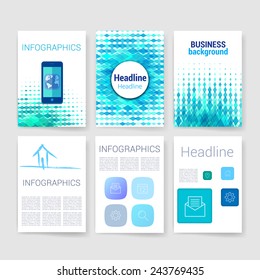 Templates. Set of Flyer, Brochure Design Templates. Mobile Technologies, Applications and Infographic Concept. Modern flat design icons for mobile or smartphone on a light background.