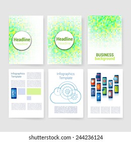 Templates. Set of Flyer, Brochure Design Templates. Mobile Technologies, Applications and Infographic Concept. Modern flat design icons for mobile or smartphone on a light background. 