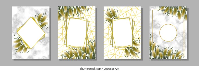 Templates set with miscanthus in watercolor style and marble. A4 mock up, template for greeting, birthday cards, wedding invitation, covers and posters with text place.